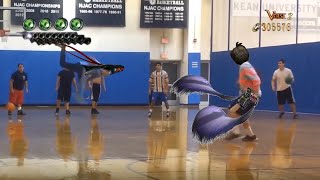 Guy backflips a dodgeball Bayonetta style