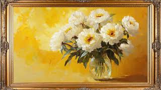 Vintage Elegant White Peonies in Clear Vase | Gold Frame TV Screensaver for TV Wallpaper