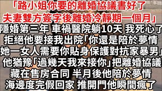 「路小姐你要的離婚協議書好了，夫妻雙方簽字後離婚冷靜期一個月」隱婚第三年 車禍醫院躺10天 我死心了，拒絕他要接我出院「你還是陪於夢情 她一女人需要你貼身保護對抗家暴男」他猶豫「過幾天我來接你」