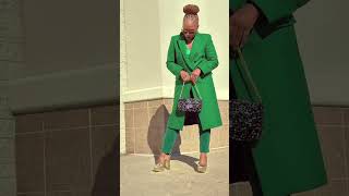 Green Zara Coat with thrifted corduroy pants, platform gold metallic heels, sequin bag from H&M