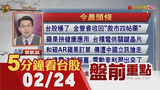 外資百億買盤歸隊 解除禁空令!萬五穩了?蘋果拚健康應用 台積電供關鍵晶片!瑞鼎配息41元 殖利率10%!統一超擬超額配息9元 殖利率3.3%｜主播鄧凱銘｜【5分鐘看台股】20230224｜非凡財經新聞