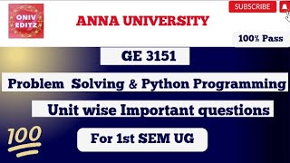 GE 3151| Problem Solving and python programming important question ✔️👍 |Be Prepare for the Exam