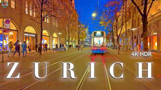 ZURICH SWITZERLAND 🇨🇭 Evening Walking tour Bahnhofstrasse from Main Station to Lake front 4K