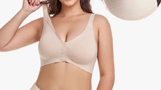 PRETTYWELL Front Closure Bras for Women no Underwire Padded Wireless Supportive V Neck Bra, Fabulous