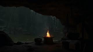 Spend the night in a rainy forest cave 24 hours- crackling fire and rain