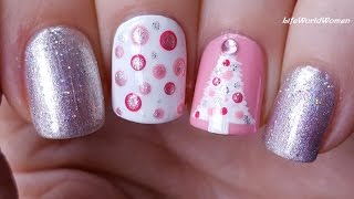Pastel CHRISTMAS TREE NAIL ART - Sparkle Baby Pink & White Festive Nails