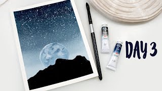 Watercolor FULL MOON and starry night over mountains - step by step painting tutorial for beginners