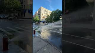 Fire hydrants spray water all over New York streets during hot summer day
