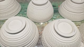 Trimming and decorating a ceramic bowl.  Examples of finished glazed bowls.