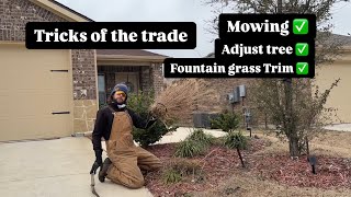 Doing it all! Mowing, adjusting a tree, and trimming down fountain grass!