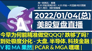 美股直播01/04 [复盘] 今早为何能精准做空QQQ? 跌够了吗? 到处极度分化 - 大盘, 半导体, 科技金融 | V 和 MA 果然| PCAR \u0026 MGA 嘿嘿 |