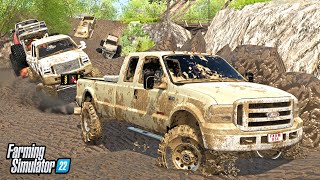 LIFTED TRUCKS GOING MUDDING WITH TRAILERS! (EXTREMELY DEEP MUD) | FS22