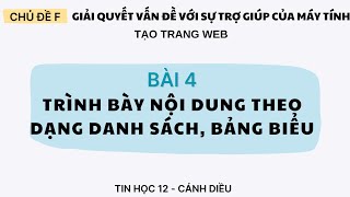 CHỦ ĐỀ F -  BÀI 4 -TIN HỌC 12- CÁNH DIỀU: TRÌNH BÀY NỘI DUNG THEO DẠNG DANH SÁCH, BẢNG BIỂU