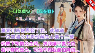 【完結】《風在野》，蕭宴川爲報恩娶了我。成婚半載後，我才知道上京裏住着一位晟陽公主。將我的夫君蕭宴川藏在心裏十二載。公主百般撩撥。蕭宴川不爲所動：「蕭某此生唯有吾妻一人。」公主負氣登上城池...