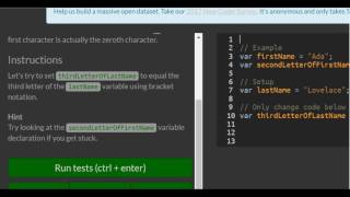 Use Bracket Notation to Find the Nth Character in a String, freeCodeCamp Basic Javascript