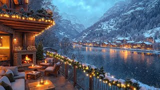 Holiday Relaxing: A Snowy Coffee Terrace, Warm Fireplace, Smooth Jazz for a Perfect Winter Nights❄️