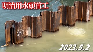 【明治用水頭首工】仮設道路 締切矢板 撤去作業続く