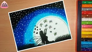 Fairy Dream Scenery Drawing with oil pastels - Step by Step Easy