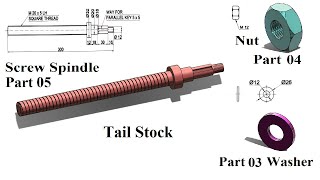 Solidworks Tail Stock Assembly LearnVern, Part 03, 04, 05 Screw Spindle, Washer Nut in Solidworks