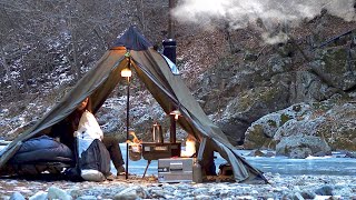 Camping in the snow forest solo hot tent  /  Wood stove cooking