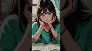 lofi girl, girl with lots of books to study, and to relax, just listening to lofi jazz funk music