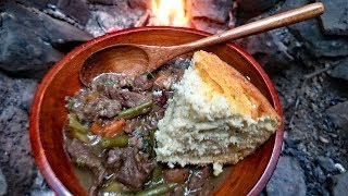 Primitive Cooking - Campfire Beef Stew & Corn Bread Recipe - Survival Cooking