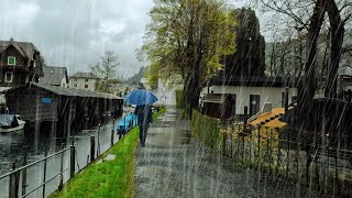 Walking in the Rain, Switzerland Brunnen Relaxing Sound of Rain and Umbrella Thunder Sounds