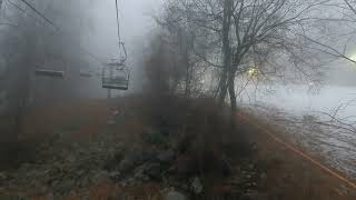 Spooky chairlift ride-Ski Roundtop Ramrod Triple Dec. 2024.  Foggy late afternoon 45°