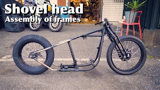 【B級チョッパー】フルカスタムオーダーのショベルリジッドの組み立て。ローリング化　Assembly of a fully custom-ordered shovel rigid.