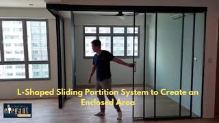 L Shaped Sliding Partition System to Create an Enclosed Area