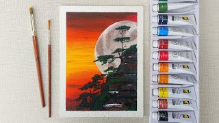 Easy Acrylic painting / Crimson moon / step by step painting tutorial for beginners