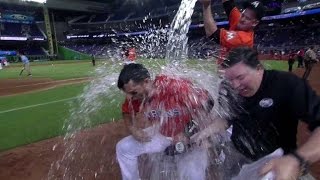 NYM@MIA: Prado discusses walk-off, gets doused