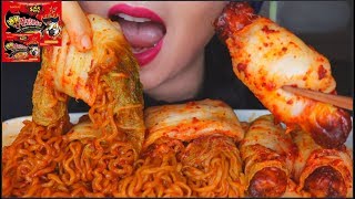 ASMR EATING KIMCHI WRAPPED NUCLEAR FIRE NOODLES + HOT DOG SAUSAGE | 咀嚼音 | 먹방