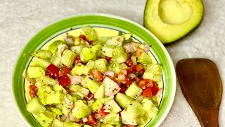Avocado, tomato, cucumber salad. Avocado salad recipe. Healthy salad recipe. Healthy bowl of salad.