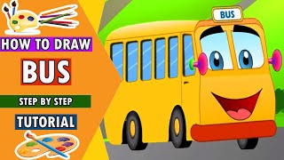 How to Draw Bus, Colorful Bus, Art for Kids, School Bus Drawing