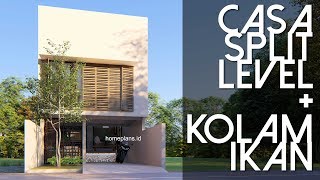 DESAIN RUMAH 5x15 Split Level dengan Innercourt Kolam Ikan [kode 195]