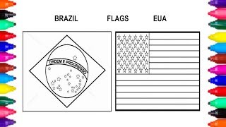 FLAG NATIONAL BRAZIL AND USA COLORING PAGES FOR KIDS | LEARN COLORS WITH FLAGS | COLORING PAGES