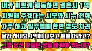 [카카오실화사연]내가 이쁘게 행동하면 결혼시 1억 지원해 주겠다는 시모와 시누.일주일에 한번 밥도 차려 달라 하네요.1억에 빌빌 대라고?그럼 당신 아들은 성을 바꿔야 겠는데?