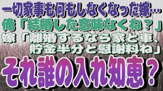 一切家事も何もしなくなった嫁…俺「結婚した意味なくね？」嫁「離婚するなら家と車、貯金半分と慰謝料ね」それ誰の入れ知恵？