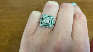 Asscher Cut Diamond and Emerald and Diamond Halo Ring - Vine Ring - Hand Video