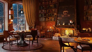 Winter Coffee Shop Bookstore Ambience with Relaxing Smooth Jazz Music and Crackling Fireplace