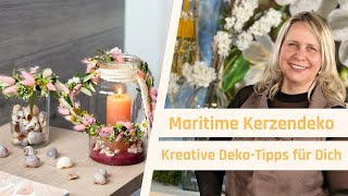 Sommerliche DIY Dekoration Kerzenglas mit Blumenkranz und Muscheln basteln