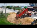 Landfill.! Interesting Dump Trucks Process With Bulldozer Skills Working Spreading Dirt