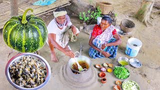 Green Pumpkin with small snail curry cooking and eating by santali tribe grandma || vegetable recipe