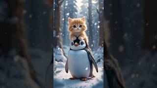 The penguin saved the fluffy kitten