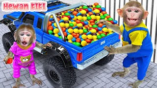 Monkey Hewan go to the supermarket and make rainbow candy with cute puppy | Hewan KIKI Channel