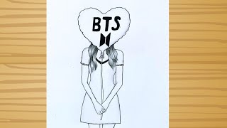 BTS girl drawing -pencil sketch /How to draw a girl with heart bts logo /bts army easy drawing
