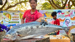 KASIMEDU 🔥 YOUNG PRAKASH | BIGG QUEEN TREVALLY FISH CUTTING VIDEO | IN KASIMEDU | FF CUTTING 🔪