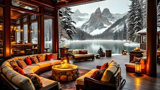 Relaxing Winter Vacation ~ Snow-Covered Porch with Soft Jazz and Warm Fireplace by a Quiet Lake