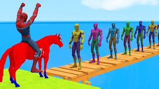 Red Horse Spiderman Crossing On  Red  Shark Bridge With Horse Against Sharks  Animals GTA 5